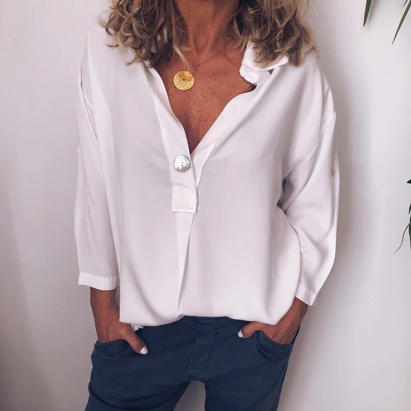 

Fashion Women Blouses 2019 Summer Office Lady White Shirts Casual Buttons Deep V Neck Blouse Sexy Plus Size Tops Camisas Mujer
