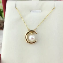 AINUOSHI 18K желтый золото натуральный культивированный пресноводный жемчуг луна кулон женщина свадьба 5,5-6 мм AAAAA жемчуг помолвка любовник цепь
