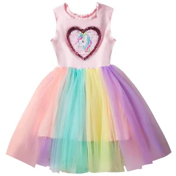 

Summer Caroon Dress For Girls Sequins Love Unicorn Princess Dress Colorful Gauze Rainbow Dress 2-6 Years E88463