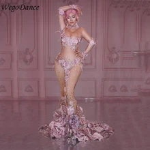 Новые розовые цветы просвечивают длинное платье 3D шаблон сетки стрейч День рождения платье женщины певица представление костюм