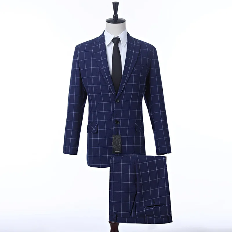 8-1..Blue Plaid Formal Business Mens Suits Slim Wedding Suits For Men Office Wear Bridegroom Tuxedos Prom Best Man Suit Jacket+Pants