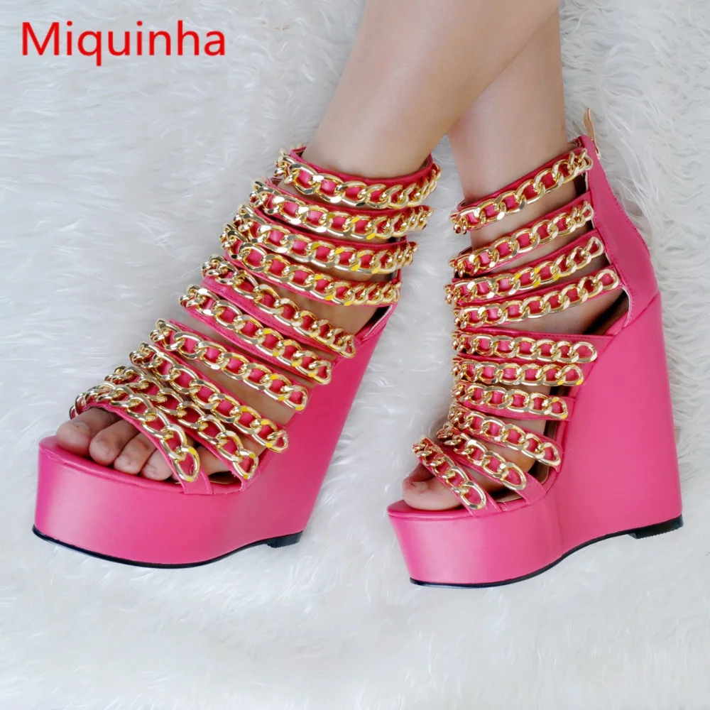 

Miquinha Metal Chain Strappy Women Sandals Wedge Open Toe Platform Zippered Runway Mujer Sandalia Super Star Stage Lady Shoes