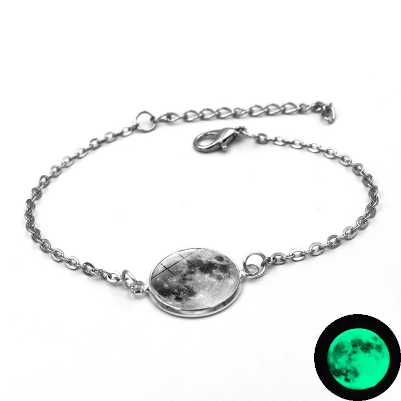 

Glow In The Dark Charms Bracelet Glass Cabochon Gray Moon Luminous Jewelry Silver Chain Link Bracelets for Women Girl Gift