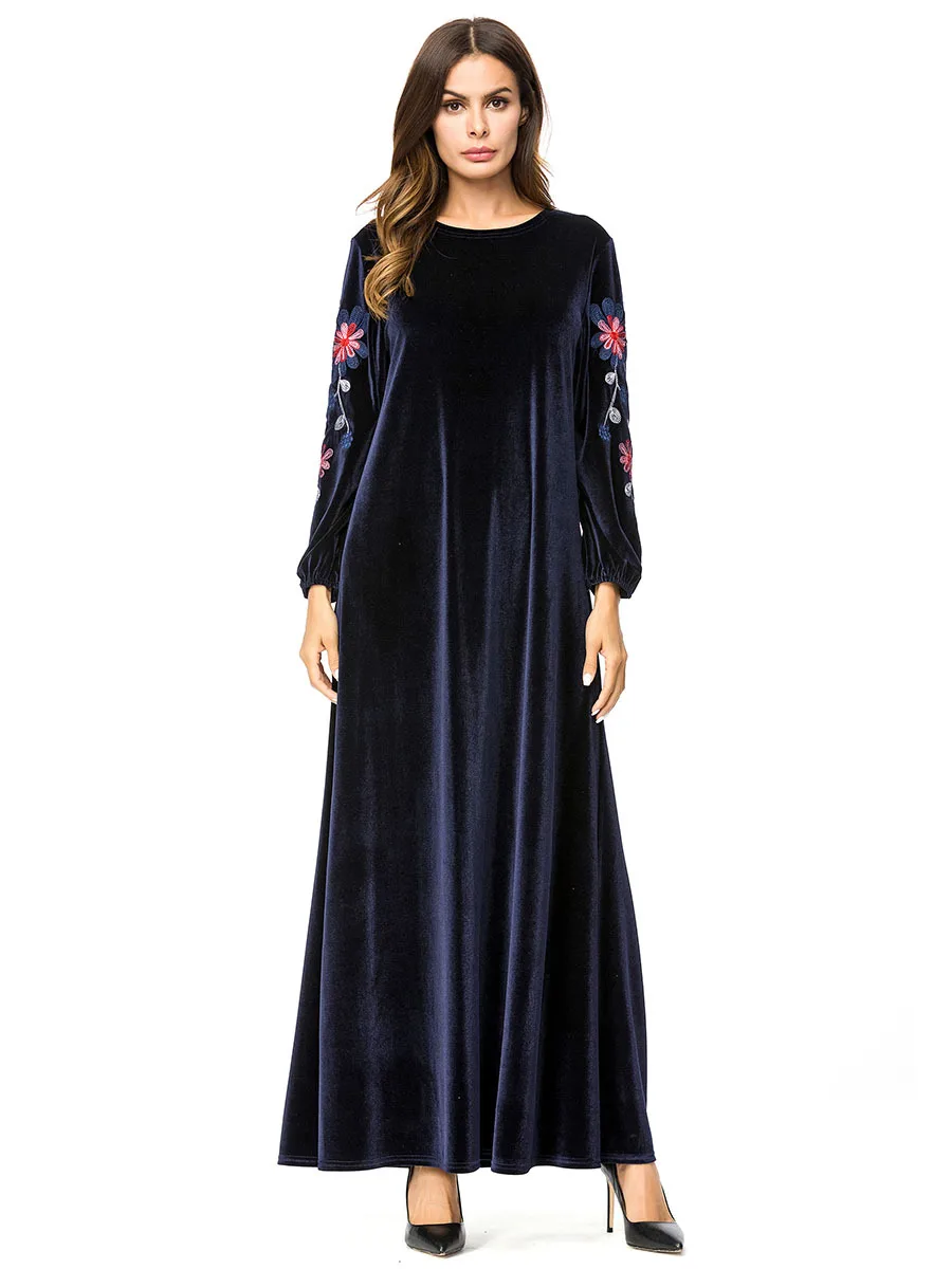 

2019 Autumn Islamic Dress Abaya Muslim Moroccan Kaftan Arabic Robe Musulmane Velvet Long Sleeve Turkish Caftan Dubai Arab 7250