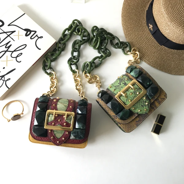 

genuine leather messenger bag acrylic chains serpentine pattern leather bag women vintage brand handbag green yellow red color