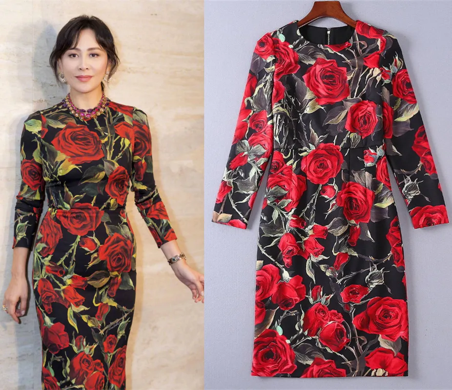 

2018 Autumn rose flower print long sleeves pencil dress Chic women elegant dress OL dress D714