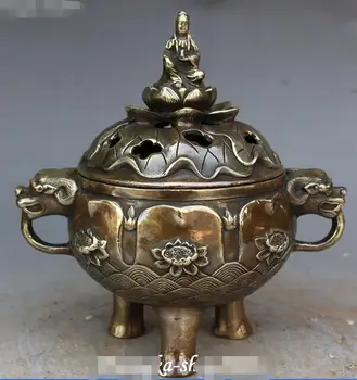 

Chinese Bronze Beast Head Lotus Kwan-yin 3 Foot Incense Burner Censer Incensory