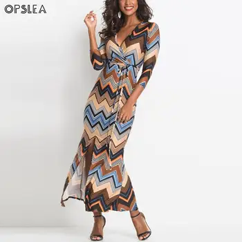 

Opslea African Women New Striped Print Bohemian Dress Tribal Ethnic Casual Slim Fit Clothes Dashiki Summer New V Neck Long Dress