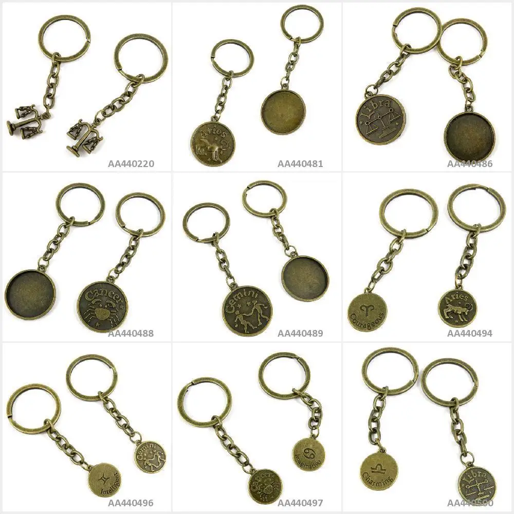 

Antique Bronze Tone Keychain Keyring Keytag Libra Tag Cancer Gemini Aries Cabochon Blank Scale Bracelet Bag Charms Pendant