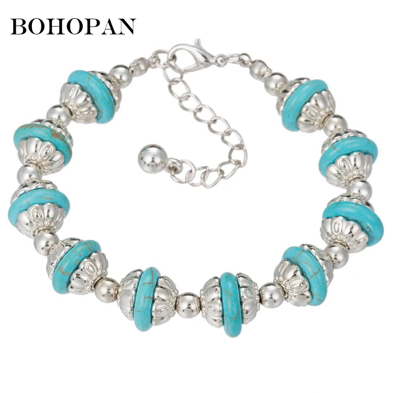 

Charm Bracelets Bangles Women Silver Alloy Natural Stone Beaded Bracelet Men Statement Geometric Jewelry bracciali donna Bijoux