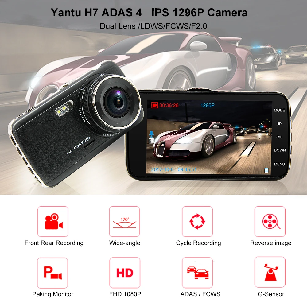 Yantu 4," ips Автомобильный видеорегистратор Камера с двумя объективами Dash Cam FHD 1080P с автоматическим регистратором заднего вида Цифровая видеокамера