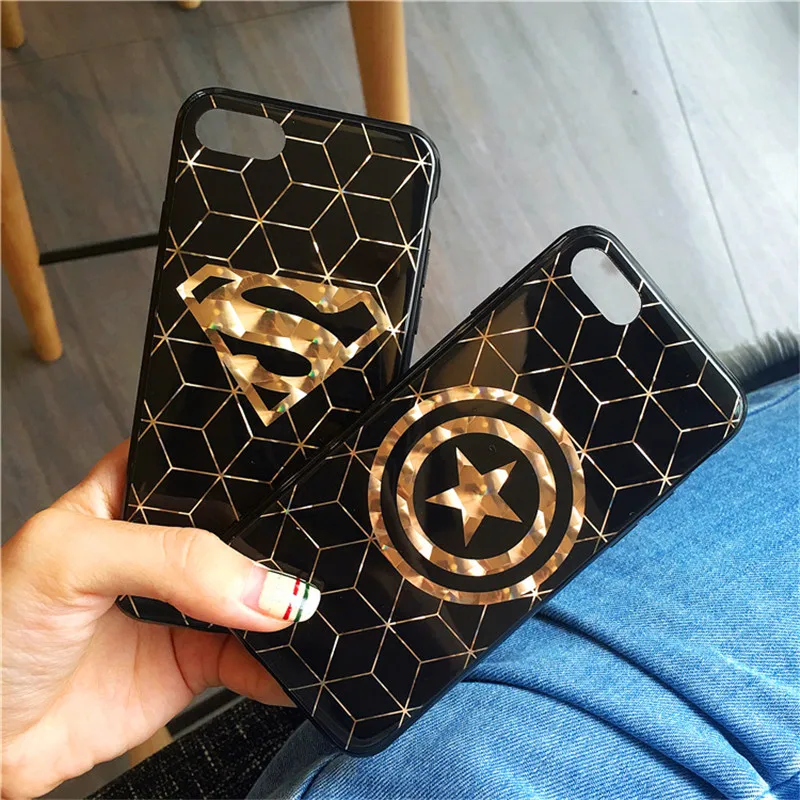 

Marvel Super Hero Gold Plating Gridding Phone Case For iPhone X 8 7 6s plus Transformers Superman Captain America Case Cover