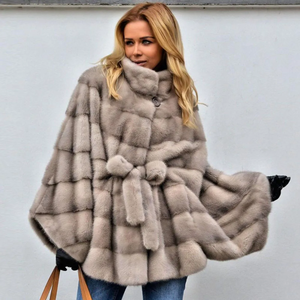 

Real Mink Fur Coats With Stand Collar Genuine Fur Belt Autumn Winter Warm Slim Design Jacket Manual Craft Customized For Women