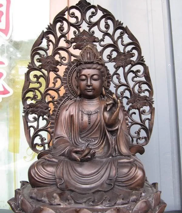 

22"Tibet Pure Bronze Copper lotus flower Sit Bodhisattva Kwan-Yin Buddha Statue 8.02