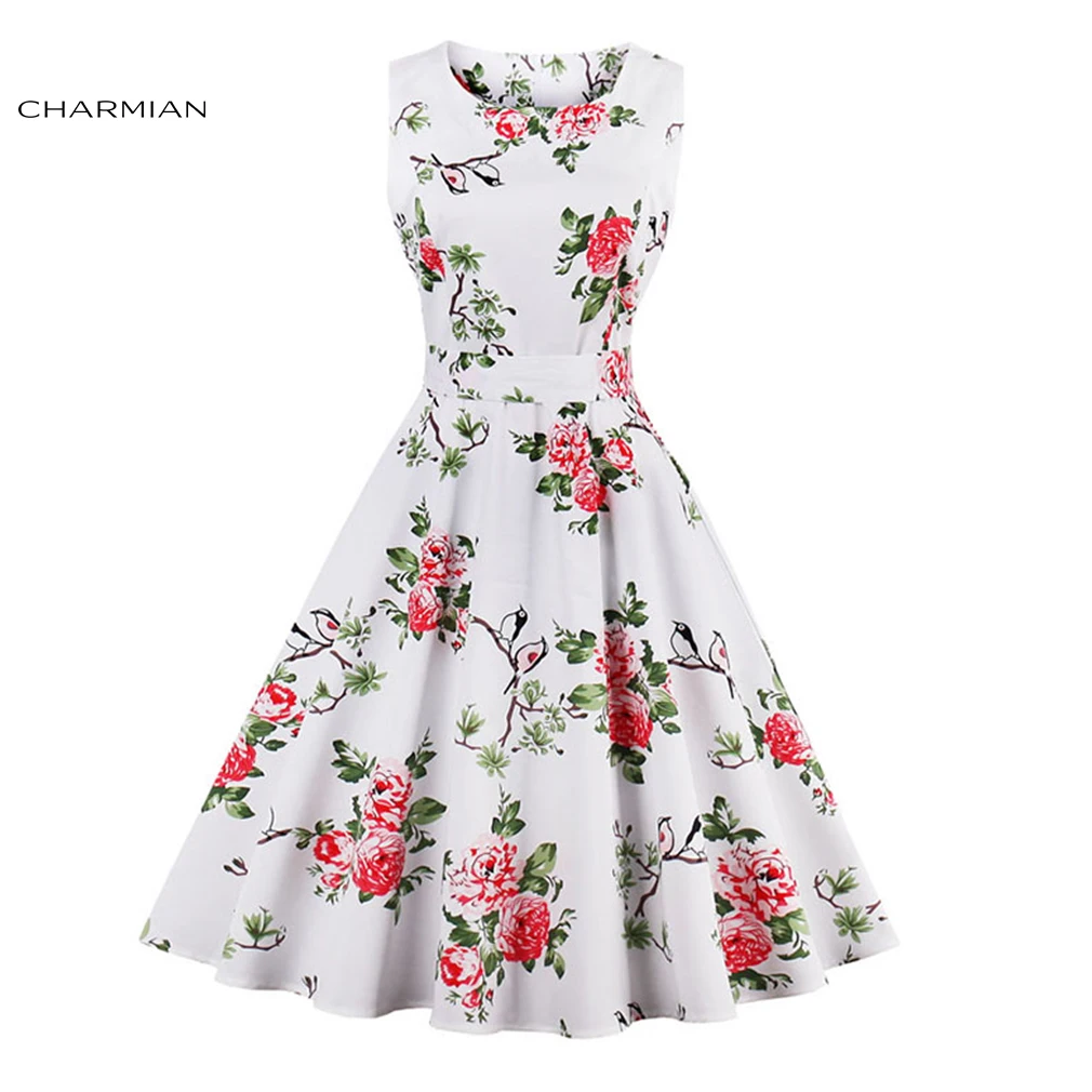 

Charmian Women's Vintage Retro Dress Foral Print Rockabilly Christmas Dress Hepburn Casual Party Swing Dress Vestidos