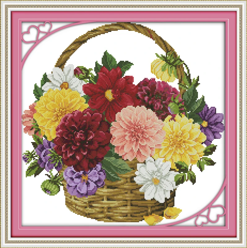 Joy Sunday Colorful Chrysanthemum Flower Basket Counted Cross Stitch