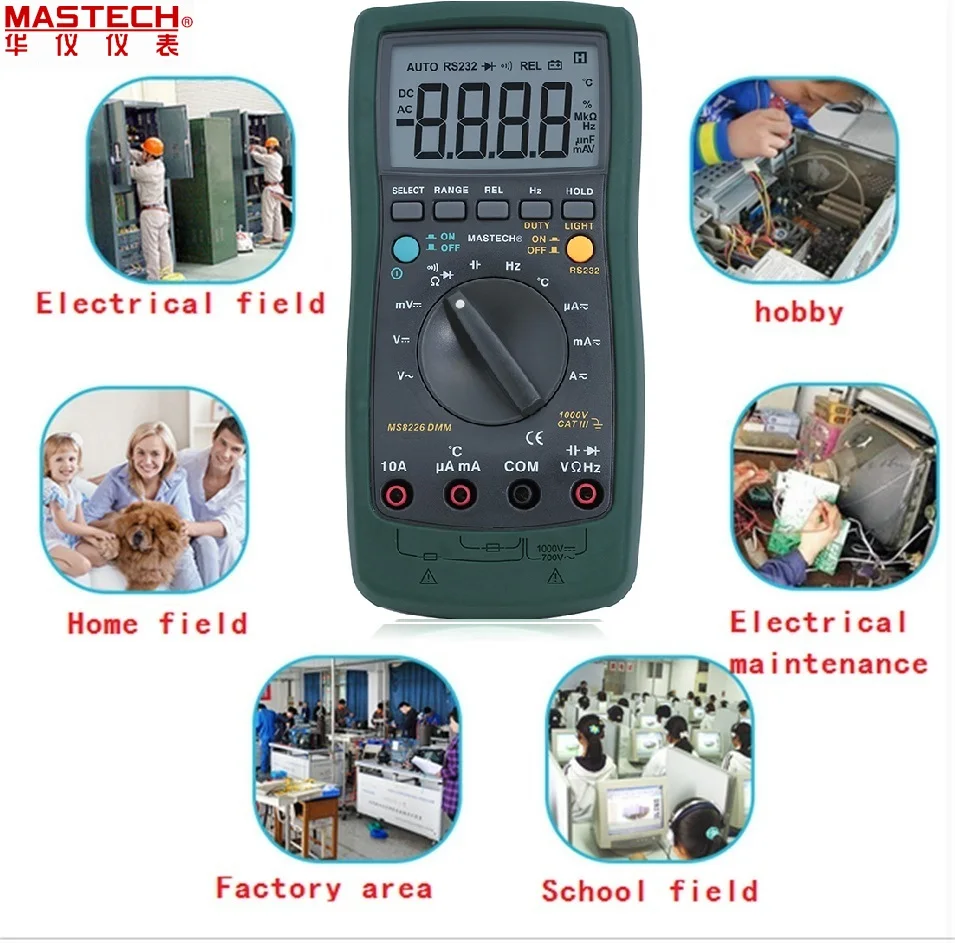 

Mastech MS8226 DMM 3 3/4 Digital Multimeter Auto Range Capacitance Resistance Temperature Backlight & PC interface cable