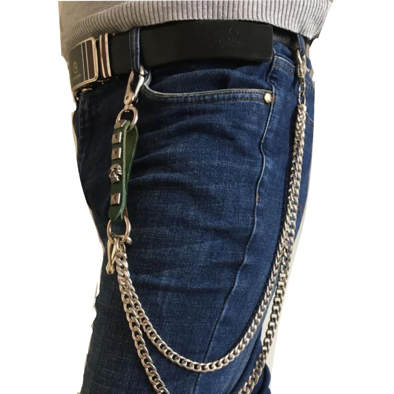 Fashion men green PU Pants Chain 2 lines chain Punk Jean Mens