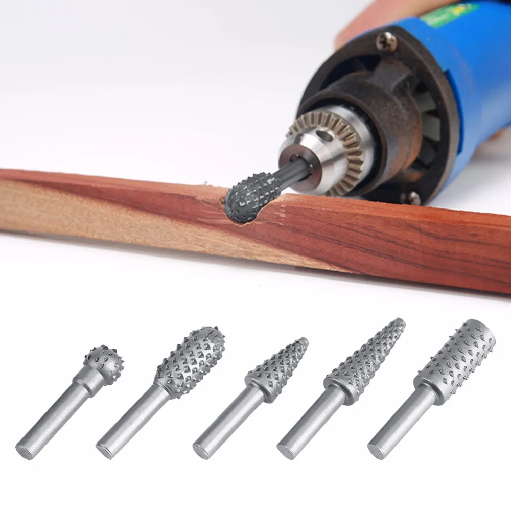 5Pcs Rotary Rasp Set Silver Hard Alloy Rotary Burr Rasp File Set 6.3mm Shank Wood Carving Drill