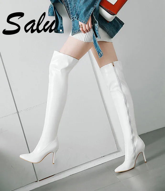 

Salu Patent Leather Sexy Thigh High Heel Boots Winter Women Over The Knee Boots Plus Size 47 48 Shoes Zipper Red Black Color