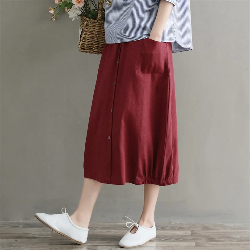 Женские юбки летние однотонные юбки до середины икры трапециевидной формы женские винтажные хлопковые и льняные юбки женские юбки Mujer National wind