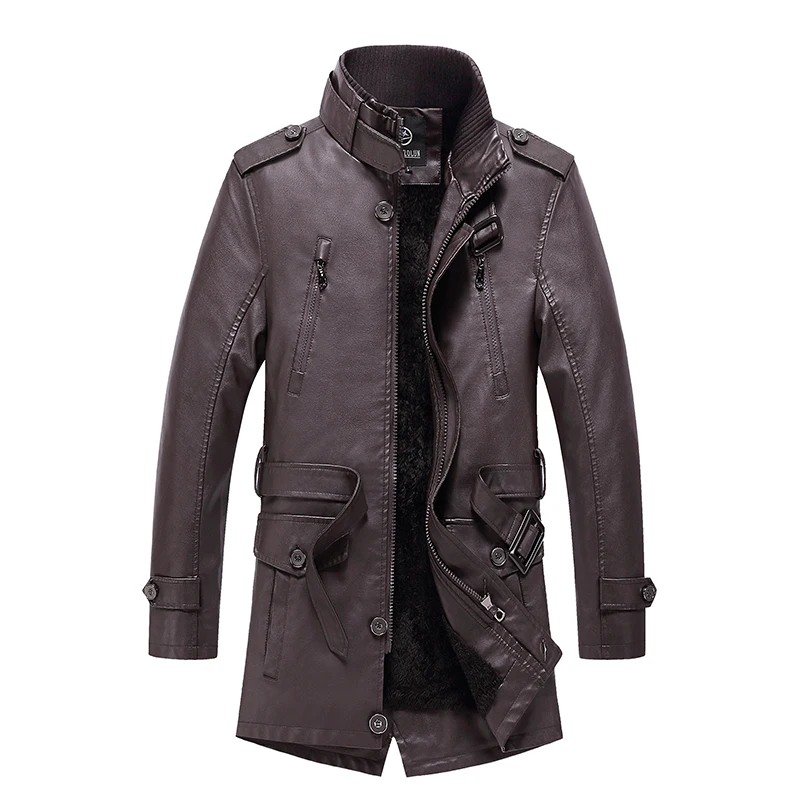 

Autumn and winter men's new England long plus velvet leather jacket