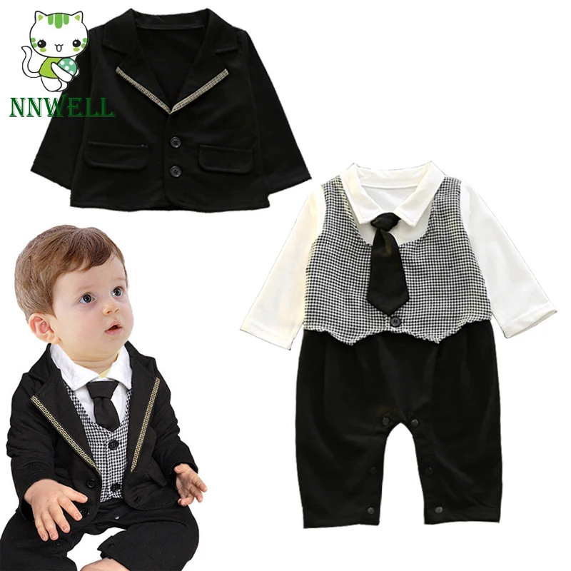 

NNW Baby Boy Gentleman Jersey Suit With Tie long Sleeve Small Wedding Suit Tuxedo Christening Formal Romper Outfit Clothes