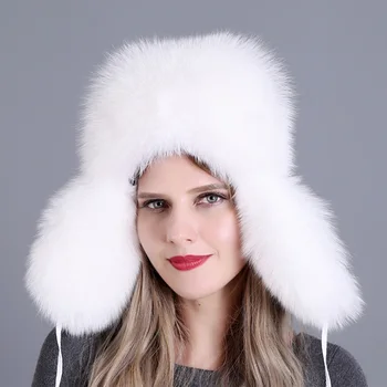 

Women Natural Earflap Adjustable Cap Skiing Real Fox Fur Snow Thick Autumn Winter Trapper Warm Bomber Hat