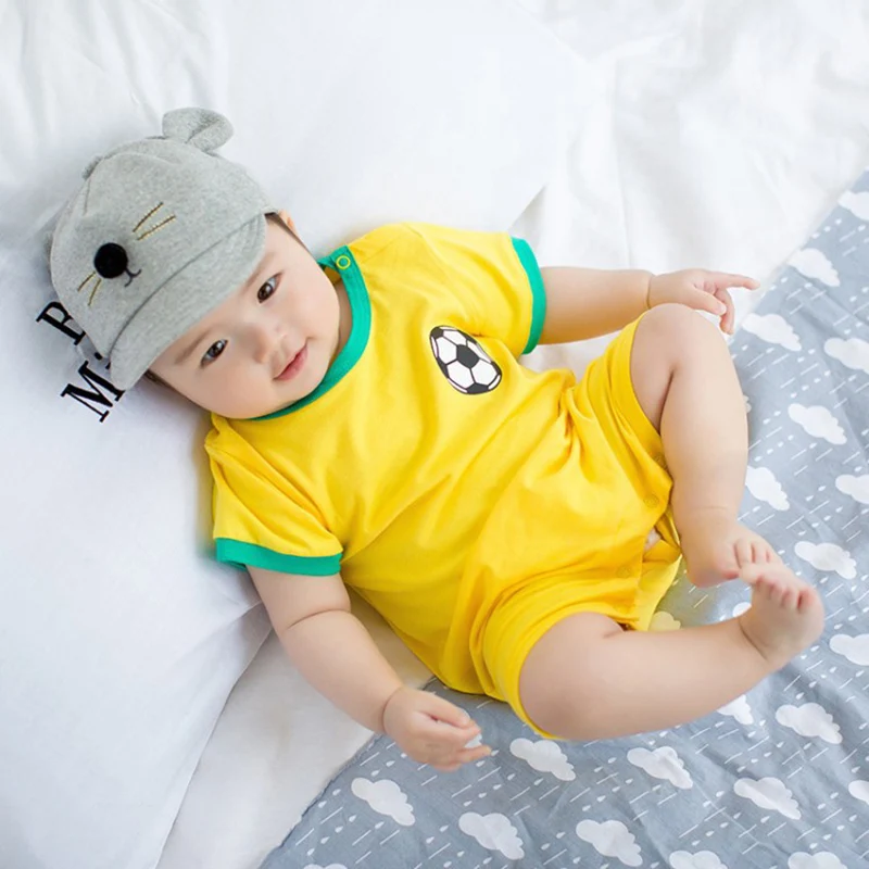

3-12 Month Hot Summer Football Baby Cotton Short Sleeves Baby Romper Clothes Blue Yellow 3 Colors
