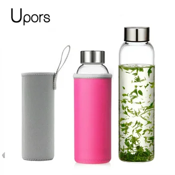 

UPORS 280ml/360ml/550ml Glass Water Bottle Portable Sport Bottle with Stainless Steel Lid and Protective Bag Travel Drink Bottle
