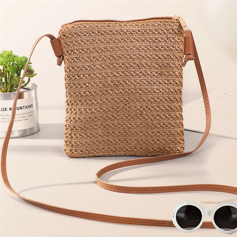Women Crossbody Bag Straw Summer Beach Bag Messenger Shoulder Bag Small Square Handbag