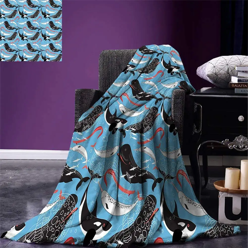 

Christmas Narwhal Throw Blanket Arctic Giant Sea Mammals Orca White Whale Narwhal Sketch Ocean Fauna Home Blanket
