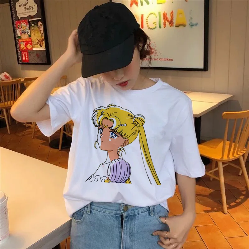 Sailor Moon Футболка Harajuku женская футболка с принтом Милая Ullzang Kawaii коротким рукавом