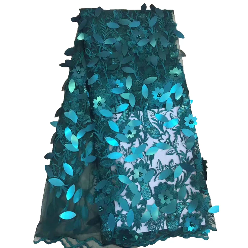 

5 Yards Dress Net Lace Beaded Embroidery Mesh Lace Fabric Teal 3d Flower Tulle Lace High Quality African Fabric Lace X1437