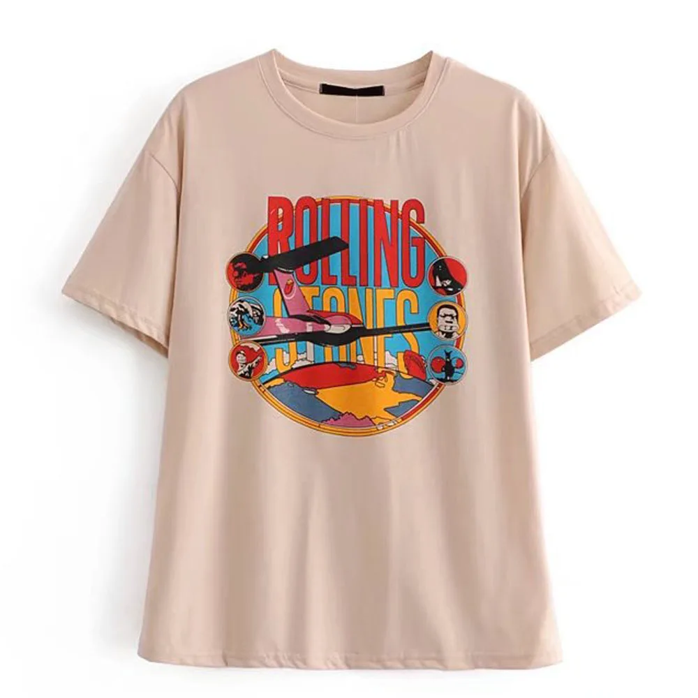 

ANSFX Trendy Cartoon Aircraft Letter Print Short Sleeve Back Numeral Tee Stylish Women O-Neck Pullover Slim Cotton T-Shirt Tops