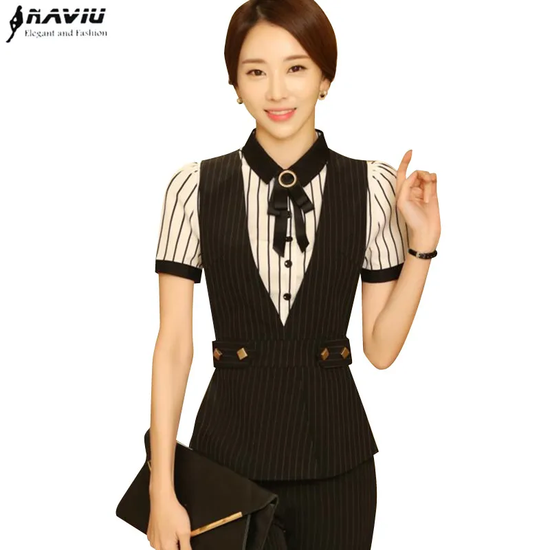 

Women stripes pant suits spring summer formal business uniforms fashion office plus size vest and pants black Navy blue
