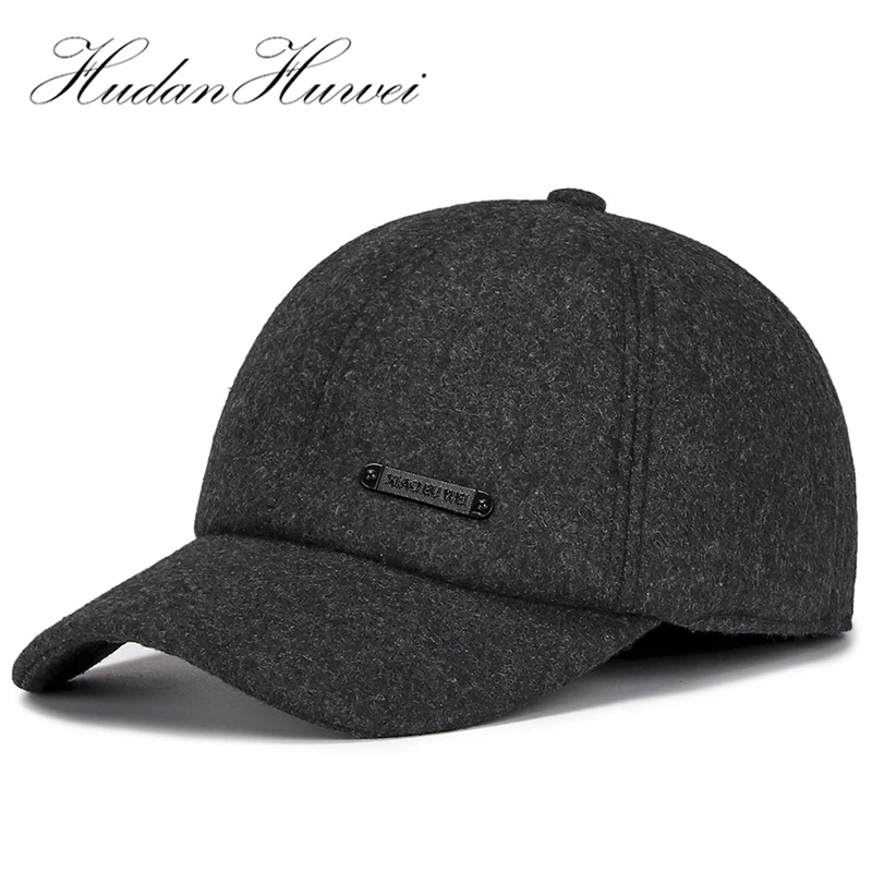 Winter Men Plain Woolen Felt Baseball Caps with Earflaps Thickened Warm