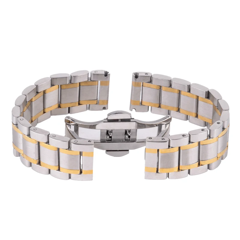Shellhard New High Quality Silver Black Rose Gold Watchband Stainless Steel Butterfly Clasp Buckle Straight End Watch Band Strap