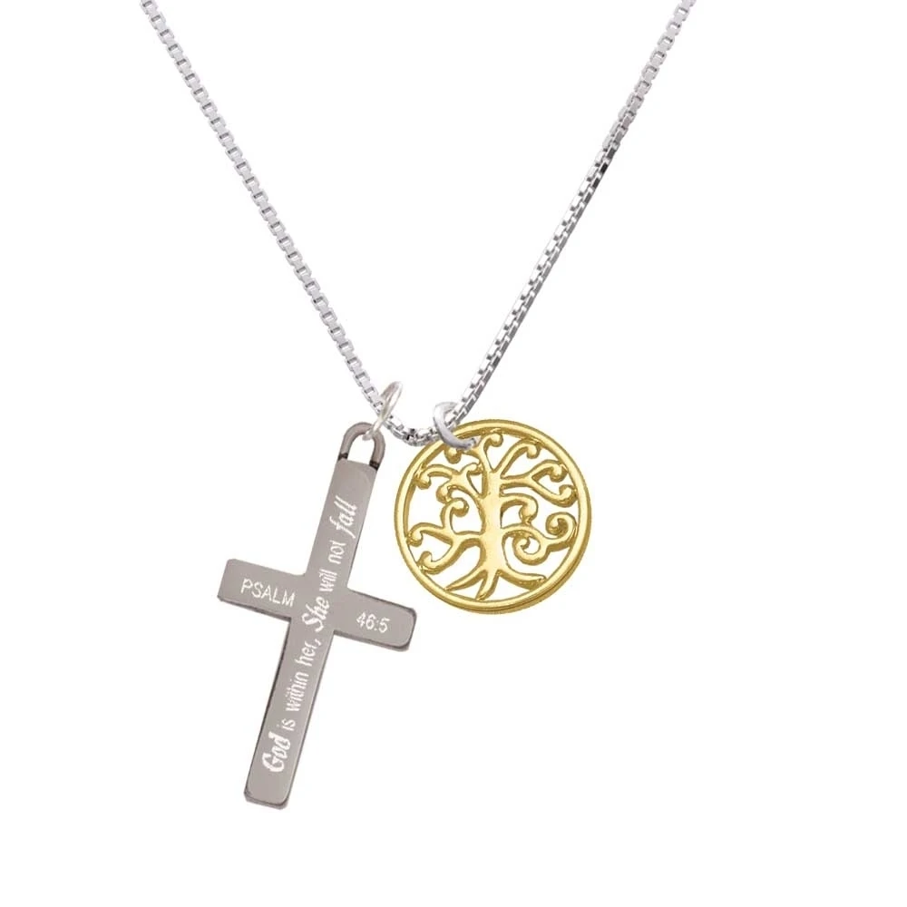 Gold Tone Tree of Life Cutout - She will not Fall - Cross Necklace