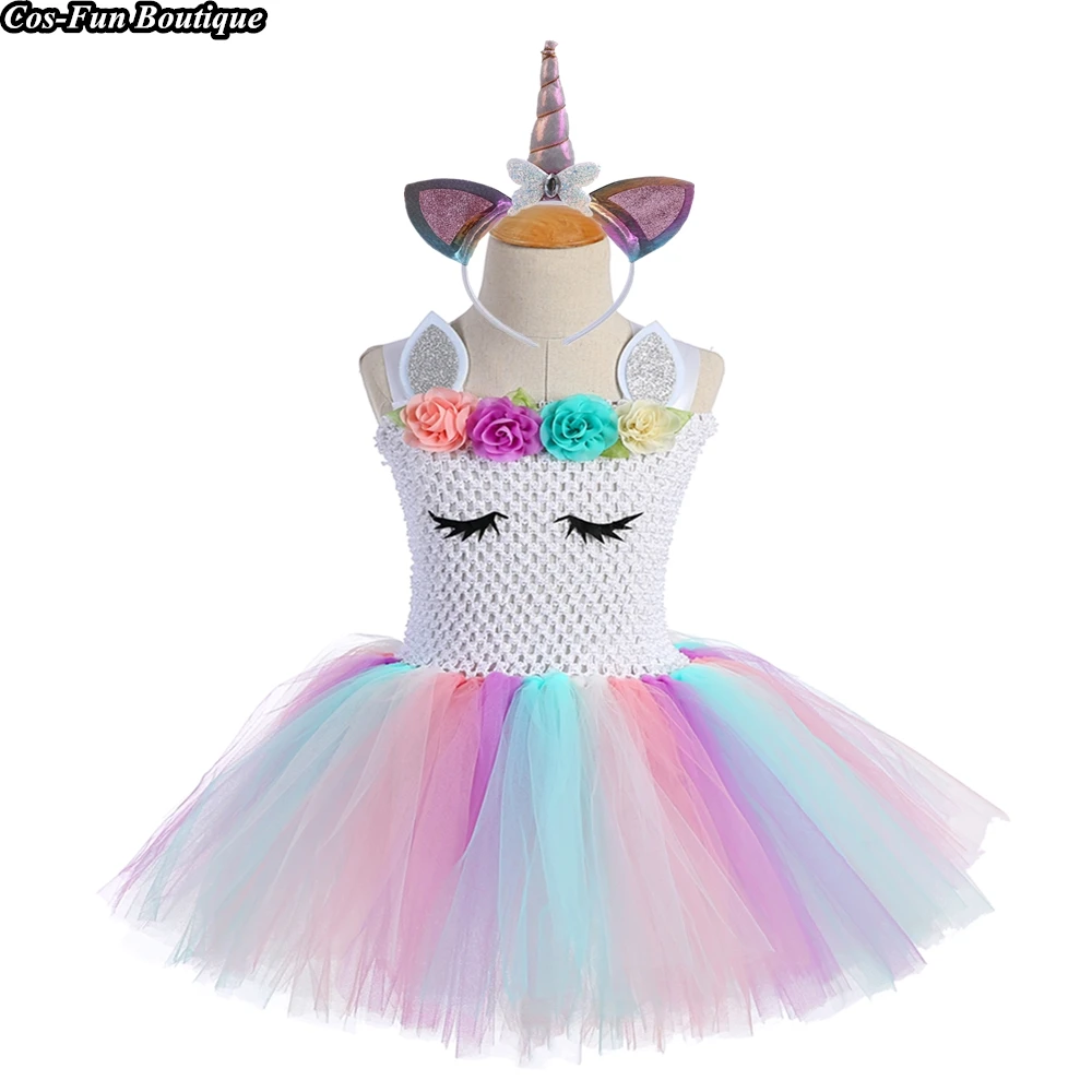 

Rainbow Colorful Kids Girl Unicorn Birthday Party Tutu Dress Toddler Baby Fancy Carnival New Year Costume With Unicorn Headband