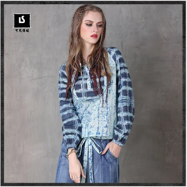 Women Blouses 2018 Keer Vintage Cotton Plaid Digital Printed Loose Blouse O-Neck Long-Sleeved Boho Shirts 9109 Feminina Blusas |