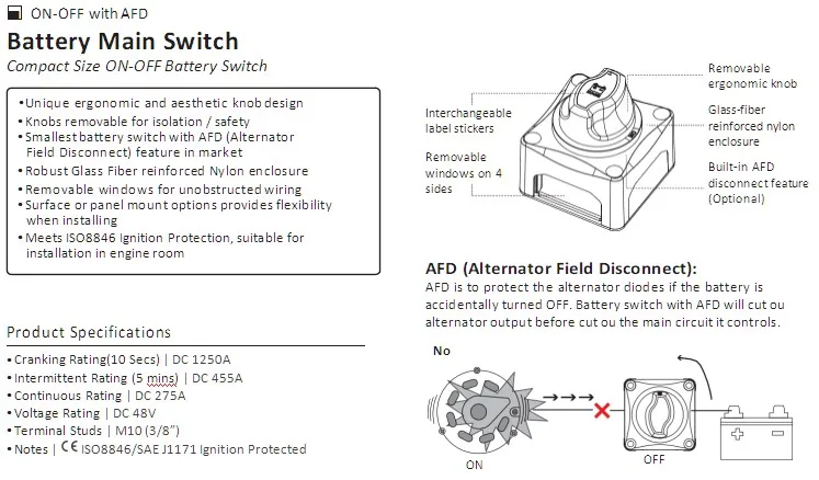 275AMP главный выключатель аккумуляторной батареи(ВКЛ-ВЫКЛ) 2 Позиции двойной Батарея переключатель с AFD 48Vdc ВКЛ-ВЫКЛ с AFD 1250A m10