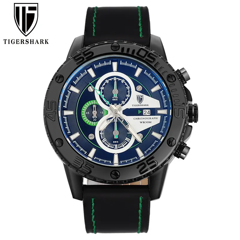 TIGERSHARK Модный Топ бренд хронограф кожаный ремешок мужские спортивные часы