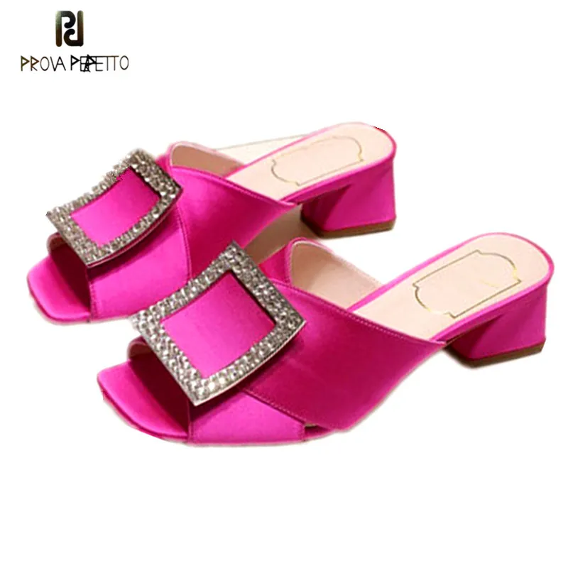 

Prova Perfetto Crystal Square Buckle Satin Slippers Women Peep Toe Rhinestone High Heel Shoes Woman Slip On Gladiator Sandals