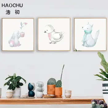 

HAOCHU European cartoon animal rabbit bird wall poster children room wall decor picture wall sticker Unframed canvas painting