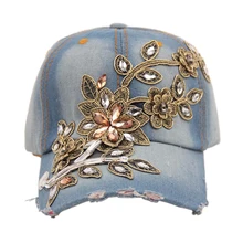 Бейсболка из джинсовой ткани с цветочным принтом, стразы, хип-хоп регулируемая бейсболка для женщин и девушек