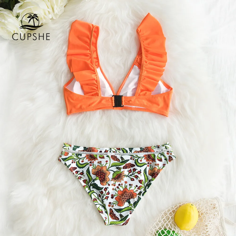 Kaufen CUPSHE Orange Rüschen Bikini Sets Mit Blumen Unten Sexy Badeanzug Zwei Stück Bademode Frauen 2020 Strand Badeanzug Biquinis