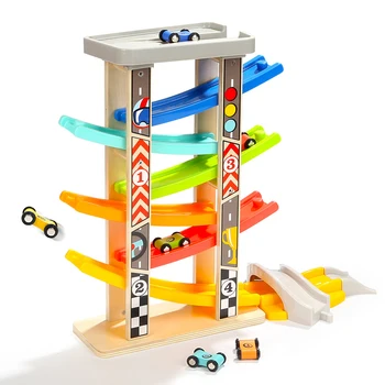 

Wooden Cars Toys Wood Urban Road Model Car Ramp Racer Track with Inertial Sliding Track Playset Educational Kids Toys Gifts