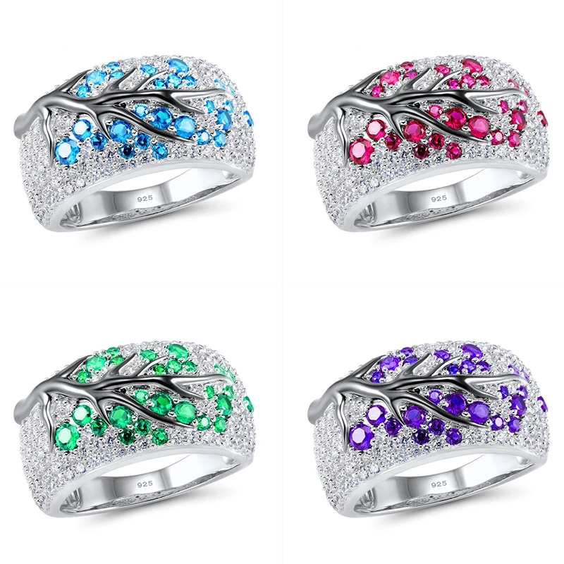 

Cute Female Blue Purple Green Ring Silver Color Leaf Plant Ring Vintage Wedding Bands Promise Love Engagement Rings For Women