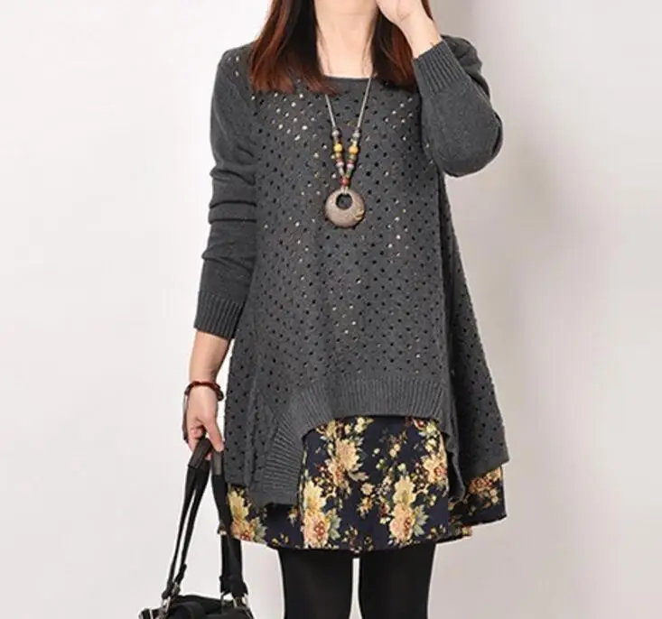 

Autumn Winter Plus Size Knitted Two-piece suit Dress Women Slim Casual Print Patchwork Pullover Sweater Dress Tops
